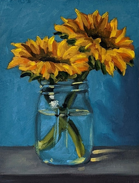 Sunflowers on Blue (No. 2), 8x6" oil on panel