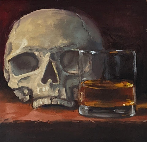 Skull & Whiskey, 8x8" oil on panel