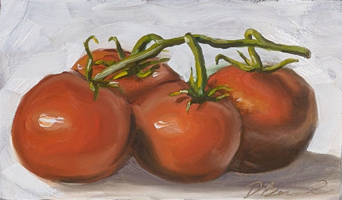 Tomatoes on the vine, 5x8" oil on panel, 2021