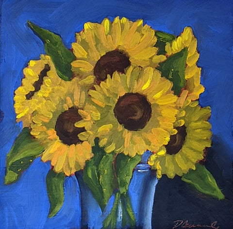 Sunflowers on Blue, 8x8" oil on panel, 2021