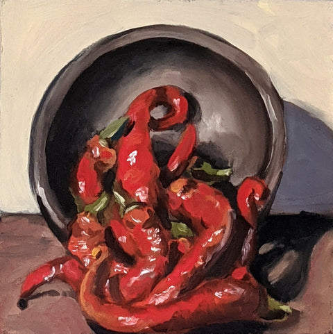 Spilled Peppers, 6x6" oil on panel